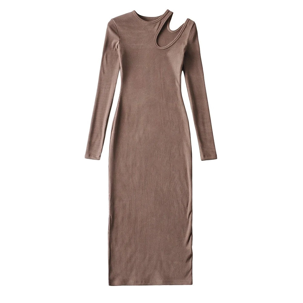 Spring tight sexy hollow off-the-shoulder split-ended long dress women's elastic slim-fit solid-color hip-wrapped dress - Mixbatch