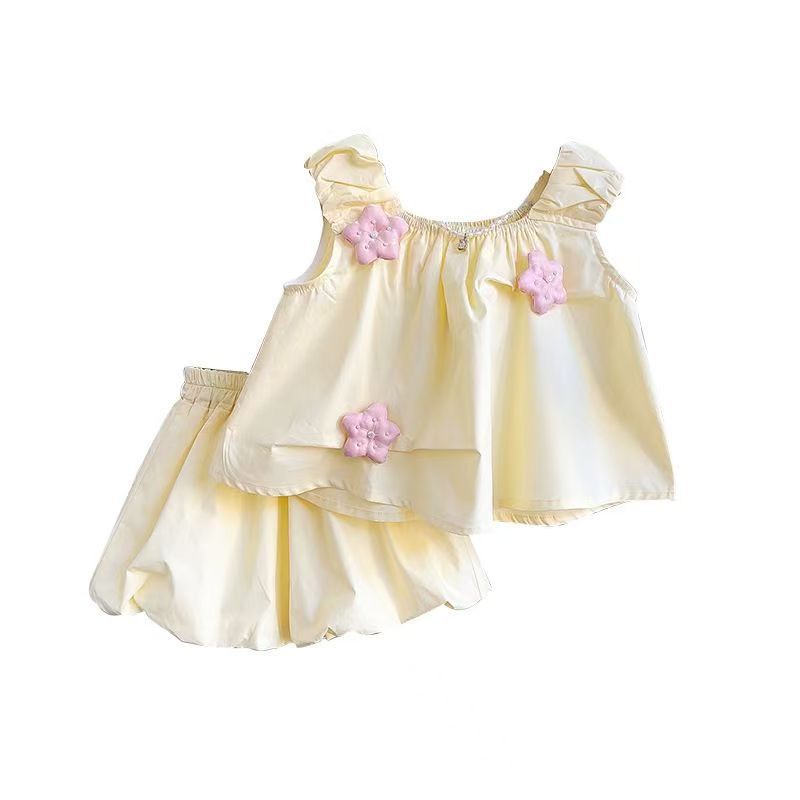 A Bubble pants girls three-dimensional bud set summer new cute sleeveless top shorts two-piece set