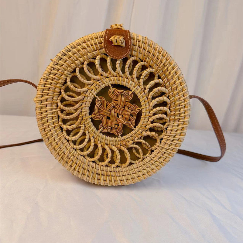 A rattan bag ins diagonal span mini bag Mori basket retro literary woven round bag vacation bucket bag leather buckle bag