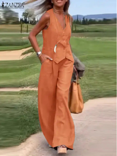 A new fashionable solid color suit vest trousers collage splicing casual two-piece set women
