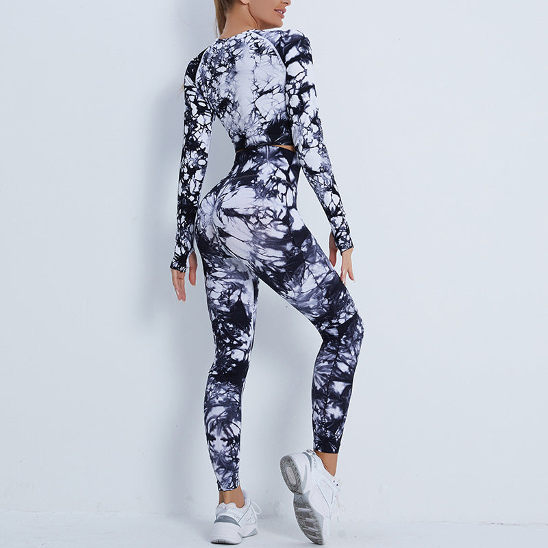 A new seamless yoga suit women's cross-border high-waisted hip-lifting yoga pants tie-dye long-sleeved top fitness sportswear set