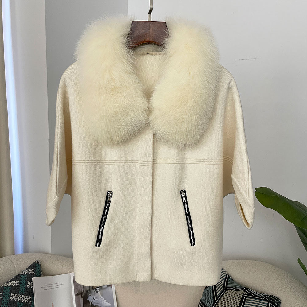 A autumn and winter new women's short knitted sweater real fox fur collar fashion bat sleeve cardigan jacket Korean version loose