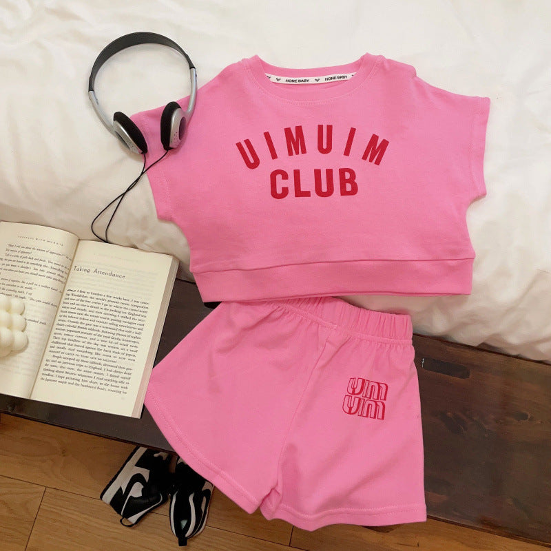 A summer new Korean version girls summer suit children's cotton letters medium and large children's foreign style two-piece set
