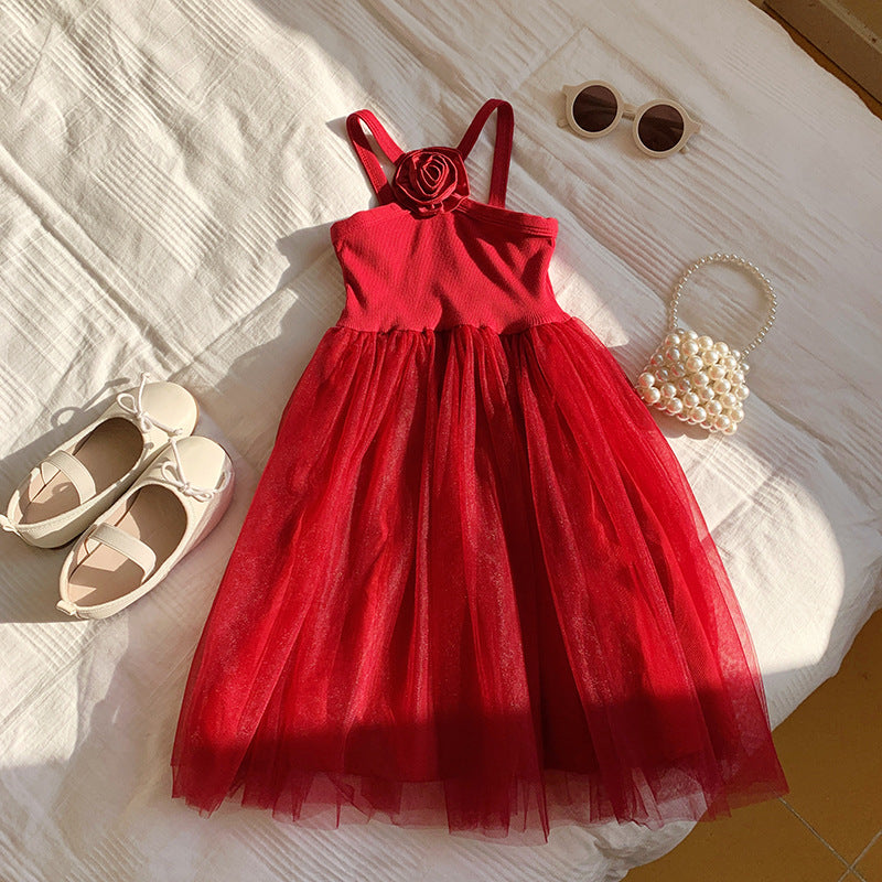 A summer new French rose suspender girls dress sweet foreign mesh princess dress beach dress
