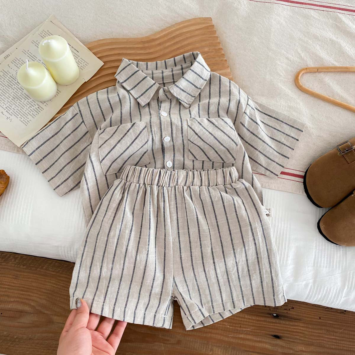 A Children's Korean version retro striped short-sleeved shirt shorts set for babies and boys and girls in summer thin casual trendy clothes - Mixbatch