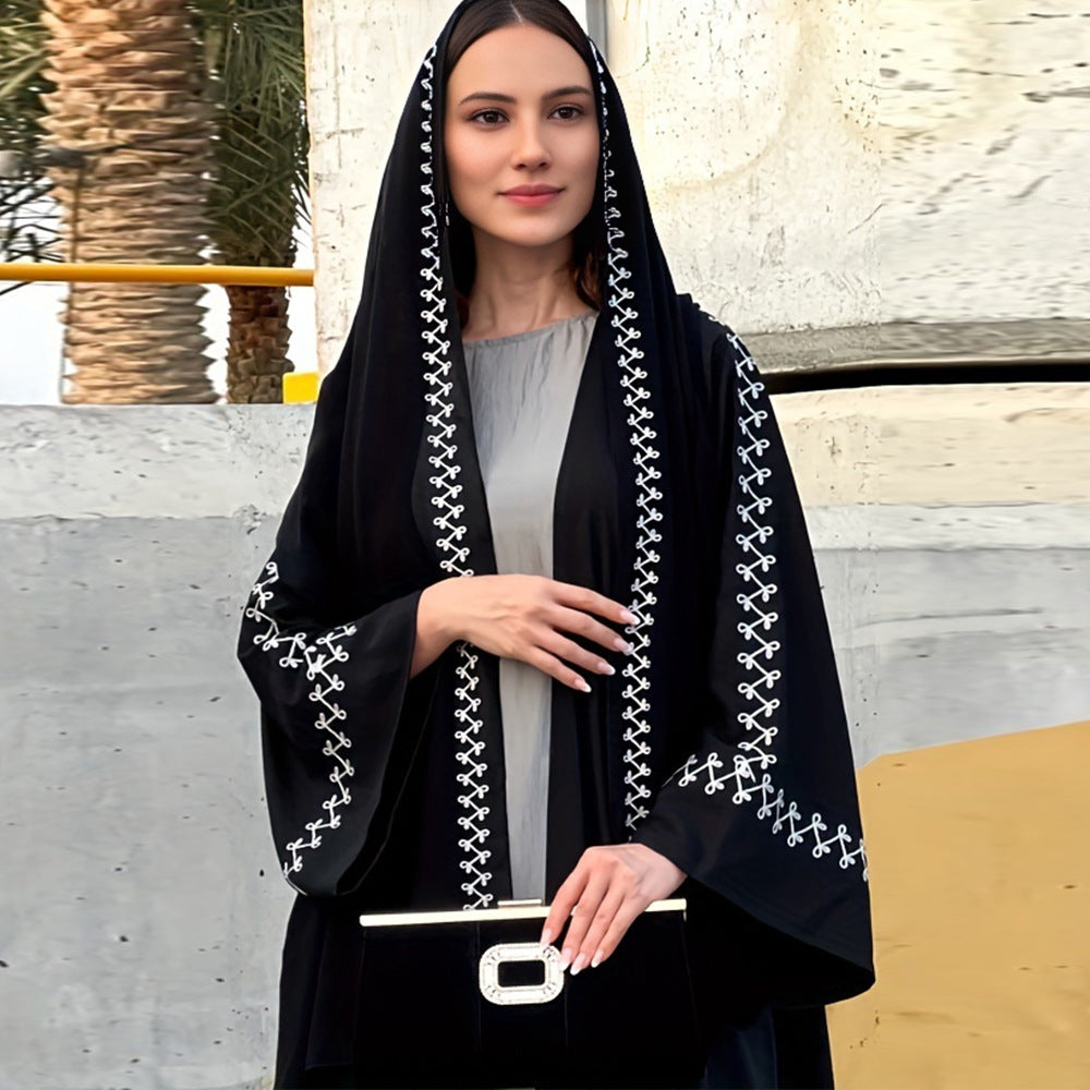 New Muslim fashion temperament elegant cardigan robe bat sleeve embroidered headscarf - Mixbatch
