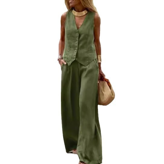 A new fashionable solid color suit vest trousers collage splicing casual two-piece set women