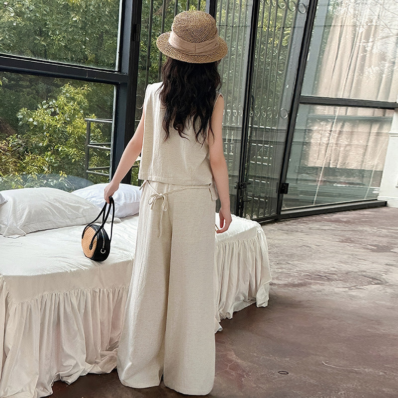 A summer new middle-aged and older children's suit vest wide-leg pants two-piece temperament casual and fashionable suit