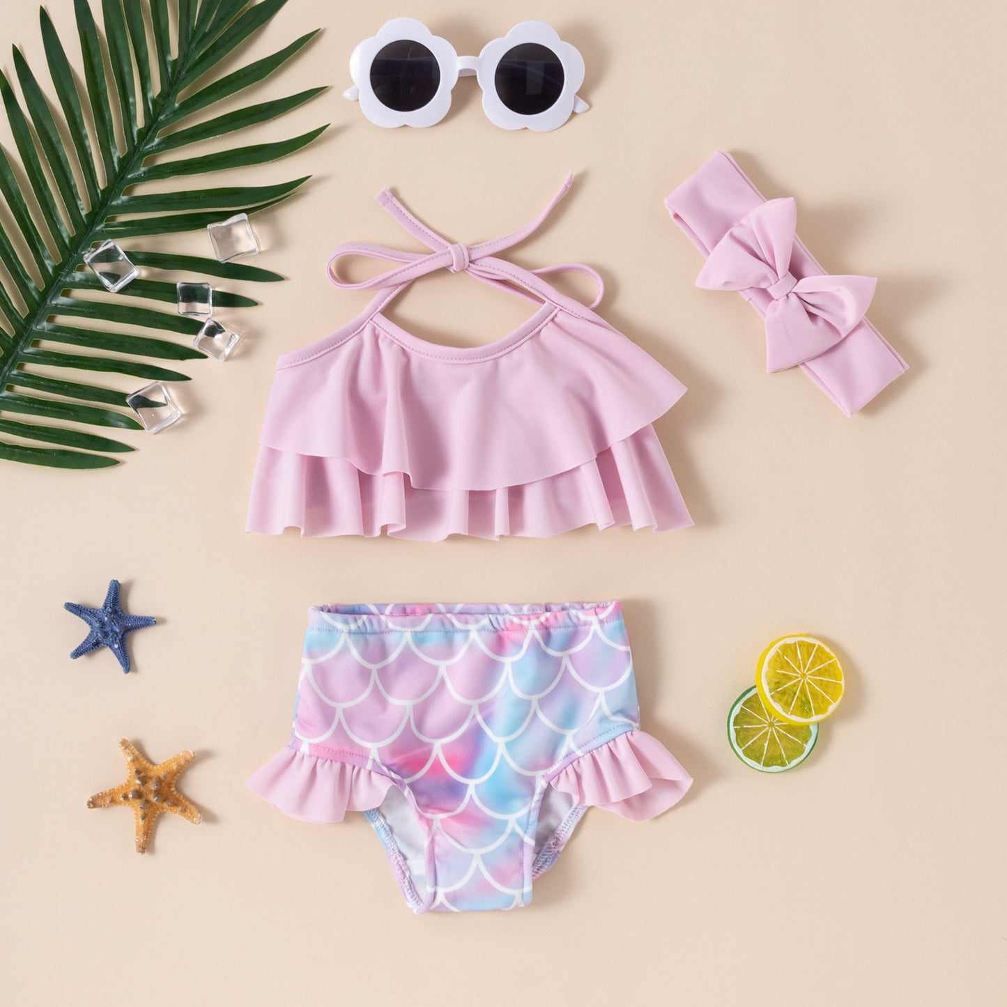 A new three-piece set of fish scales hanging neck for infants and girls - Mixbatch