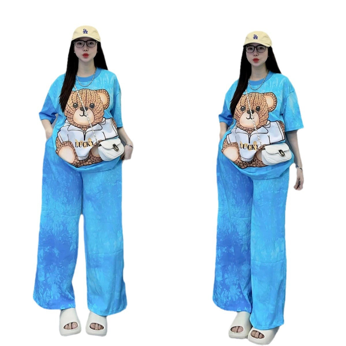 A tie-dye fashion suit women's new loose bear print short-sleeved wide-leg pants foreign style fashionable two-piece set summer