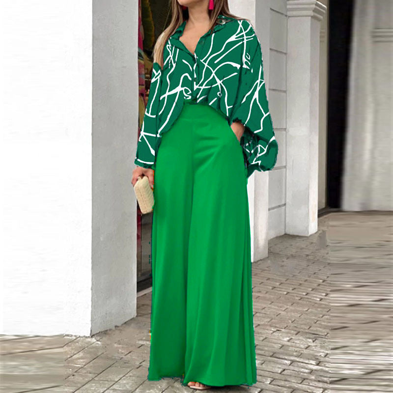 A printed shirt temperament elegant wide-leg pants fashion casual suit