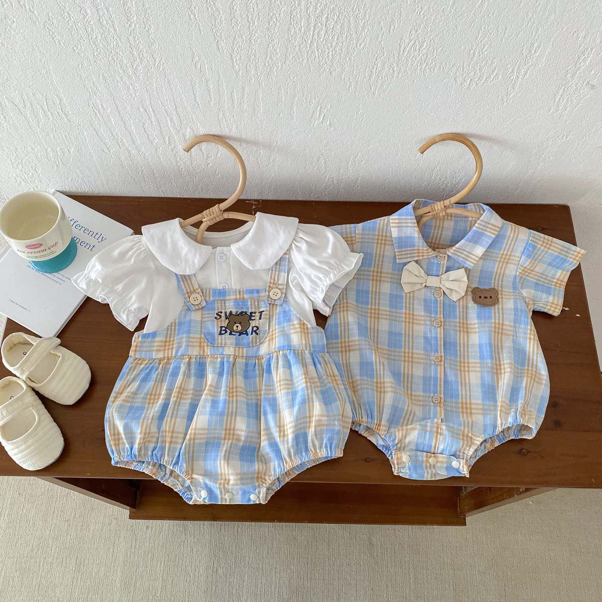 A 2024 Baby Boys Sweetheart Summer Baby Clothing Cute Little Bear Checkered Short Sleeves One Piece Pack Fart Sweetheart Siblings - Mixbatch