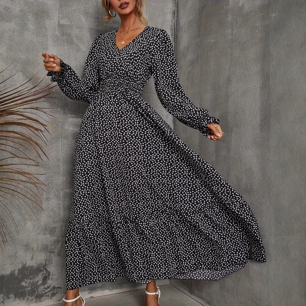 A long-sleeved V-neck dress