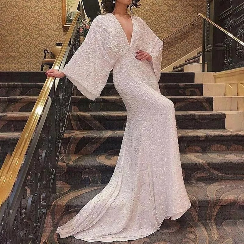 A long-sleeved sequined dress dress fishtail banquet elegant long dress V-neck