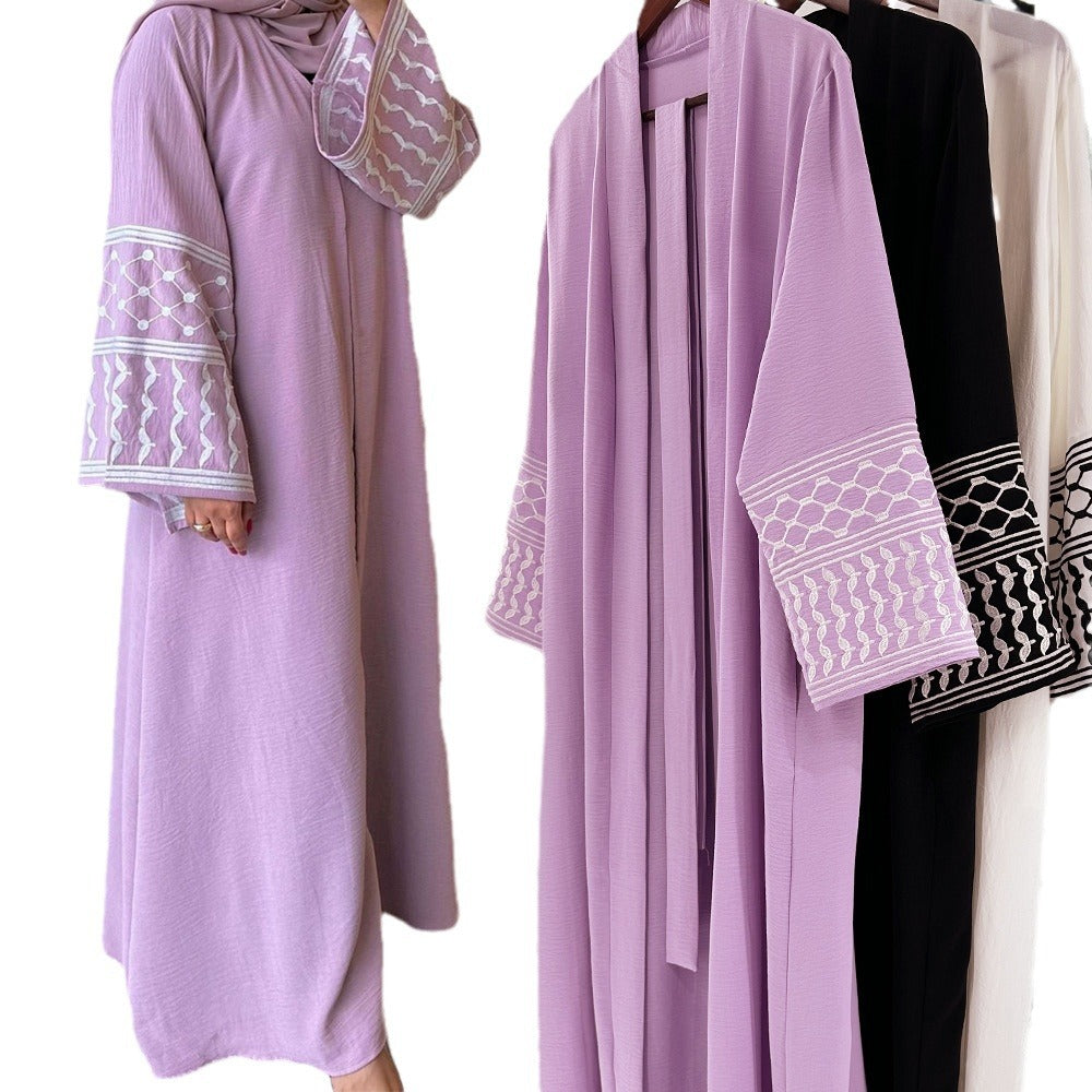 Embroidered Middle Eastern Muslim Clothing Fashion Elegant Pocket Cardigan Lace-Up Dress Robe - Mixbatch
