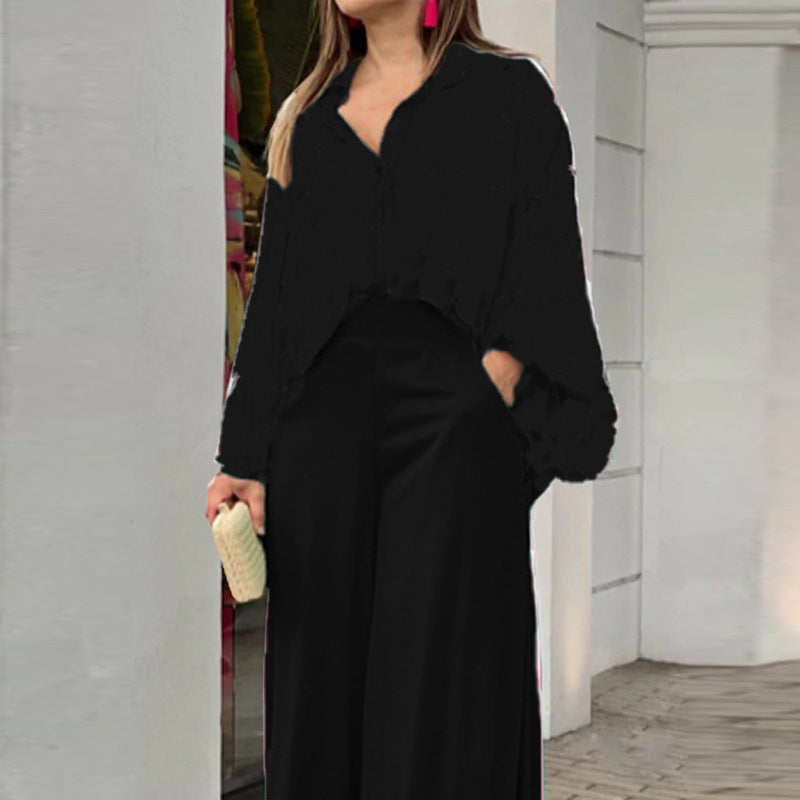 A printed shirt temperament elegant wide-leg pants fashion casual suit