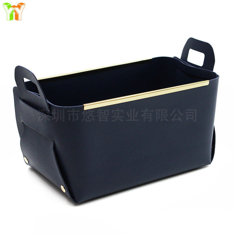 A leather sock storage basket
