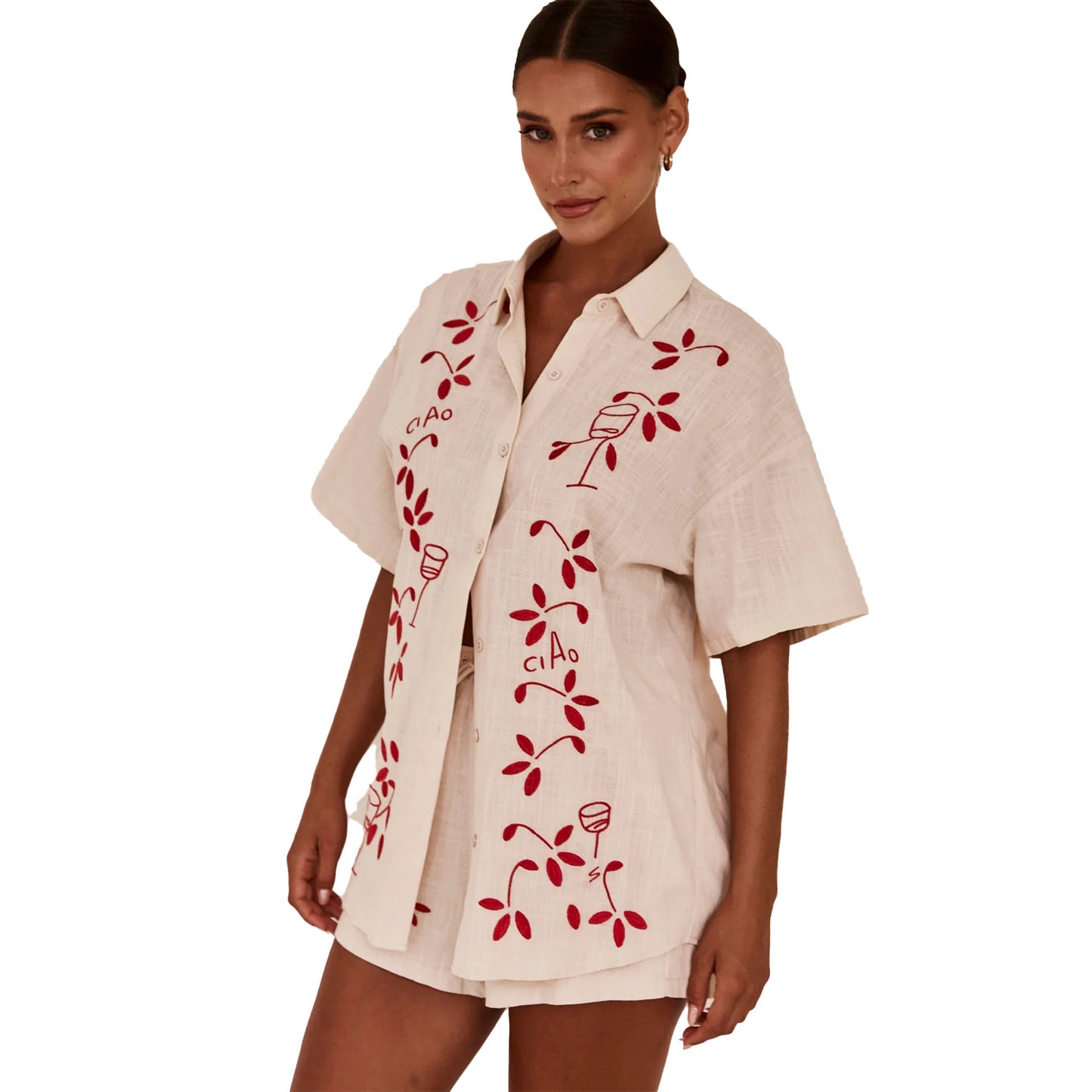 A spring and summer new 3d three-dimensional embroidered comfortable casual shirt short set-88189