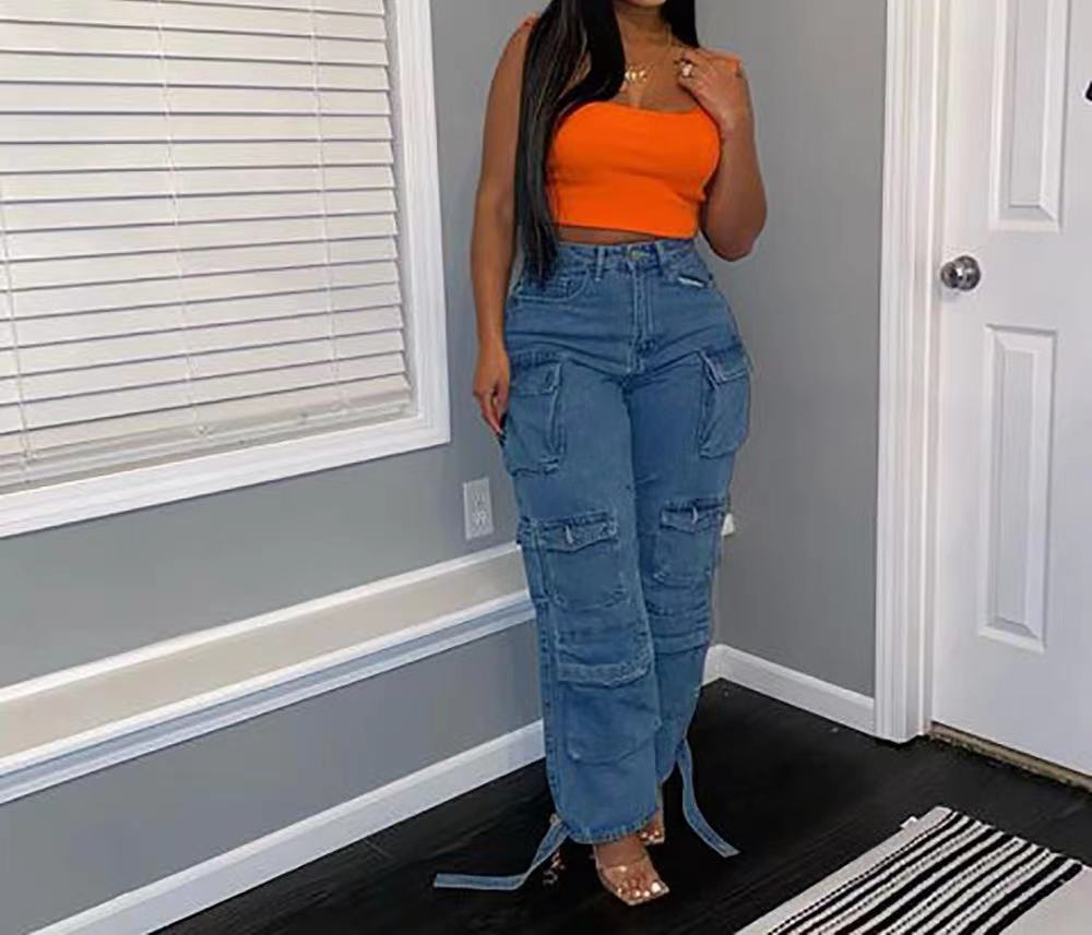 A European and American cross-border jeans, Amazon fashion viral trends multi-pocket large size African jeans overalls
