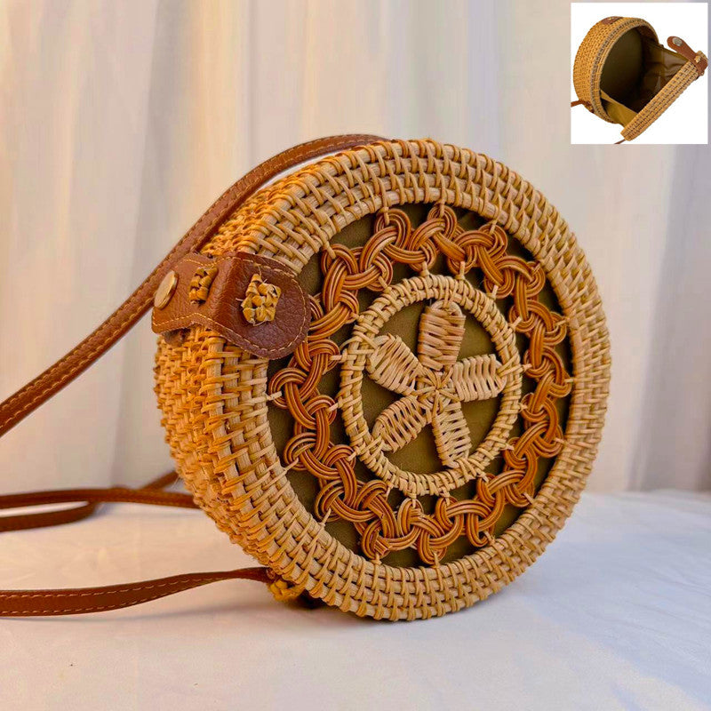 A rattan bag ins diagonal span mini bag Mori basket retro literary woven round bag vacation bucket bag leather buckle bag