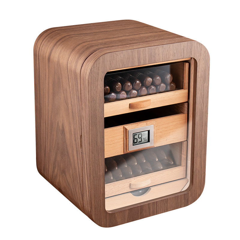 A Cigar Moisturizing Cabinet Cedar Wood Three-layer Large Capacity Perspective Window Black Walnut Wood Grain Cigar Alcoholizing Moisturizing Cabinet