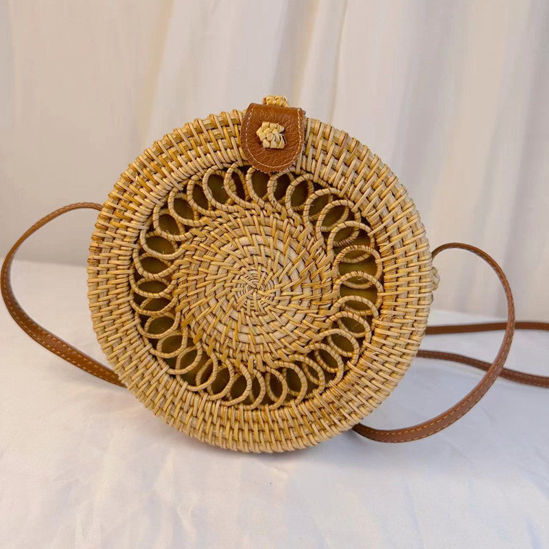 A rattan bag ins diagonal span mini bag Mori basket retro literary woven round bag vacation bucket bag leather buckle bag