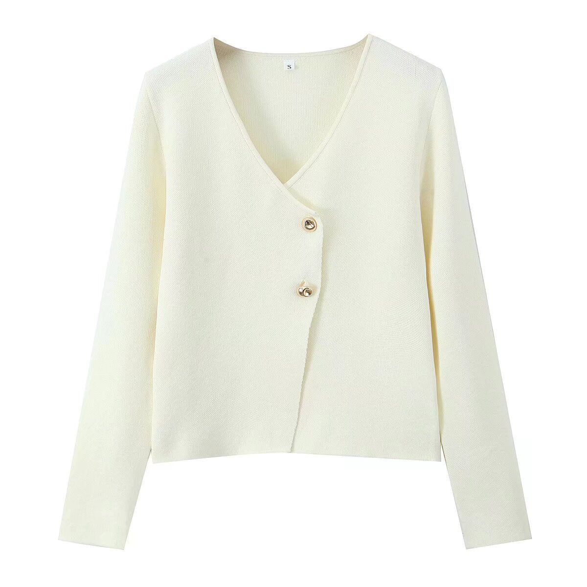 A button-down long-sleeved knit top