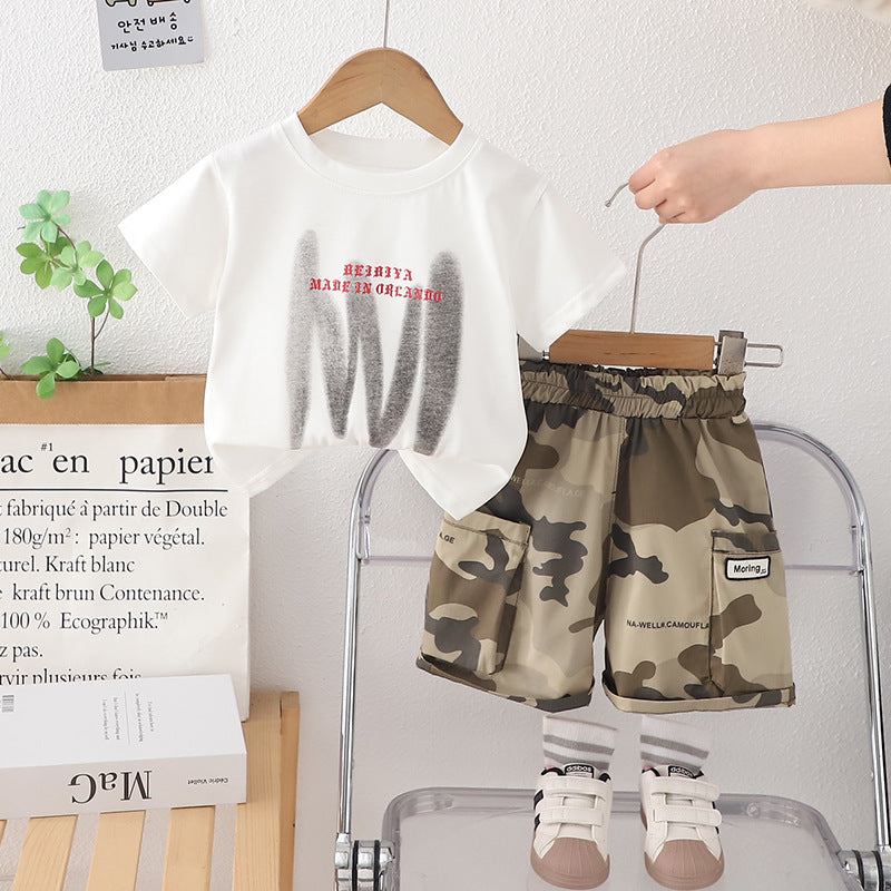 A Boys' summer suit New handsome children's short-sleeved two-piece set of 1-5 year old baby summer clothes