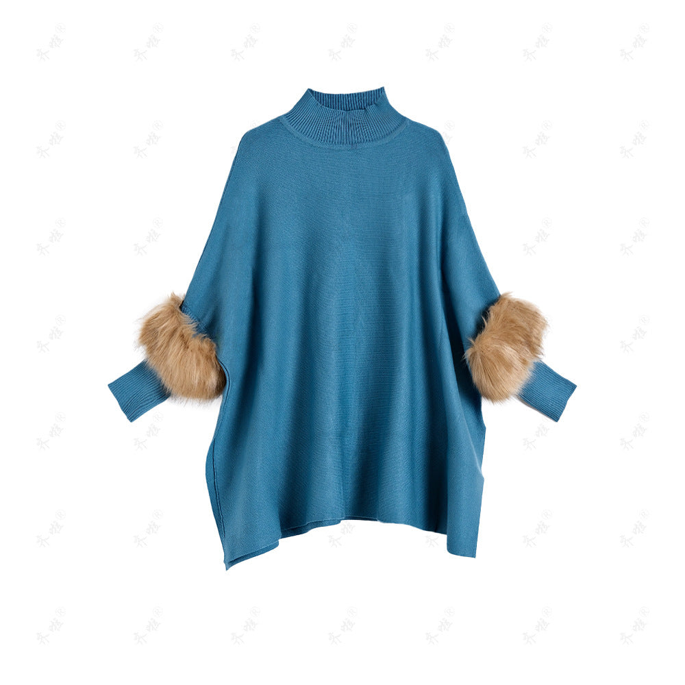 A turtleneck pullover cape knitted sweater simulation fur fur sleeve sweater large size bottoming shirt jacket women