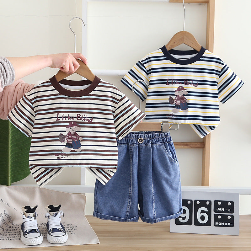 A Children's Summer Retro Color Coffee Striped Short Sleeve T-Shirt Boys and Girls Cartoon Crew Neck Half Sleeve Set