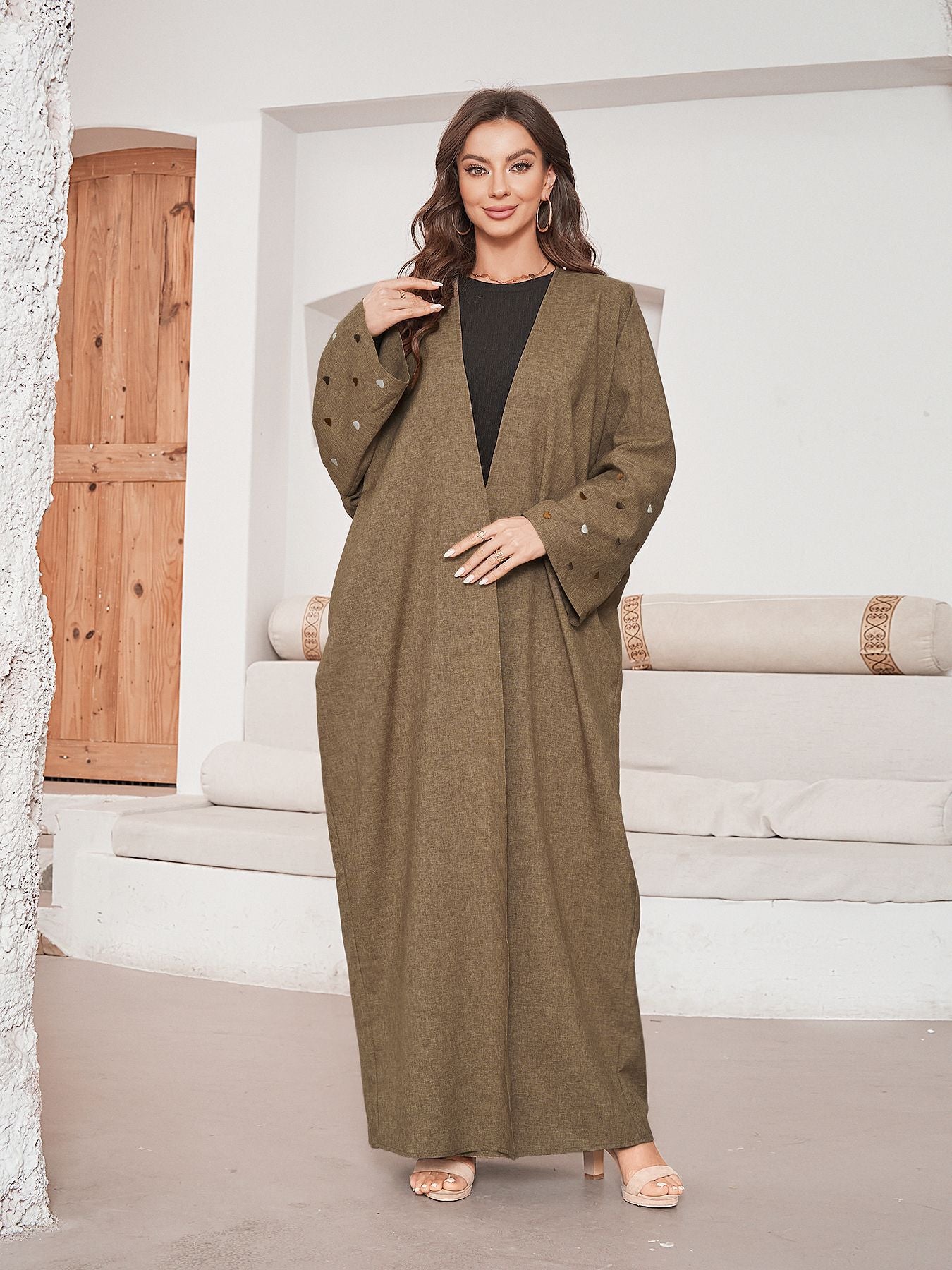 New heart-shaped embroidered Middle Eastern Muslim long dress fashionable and elegant cardigan imitation hemp two-color dress robe - Mixbatch