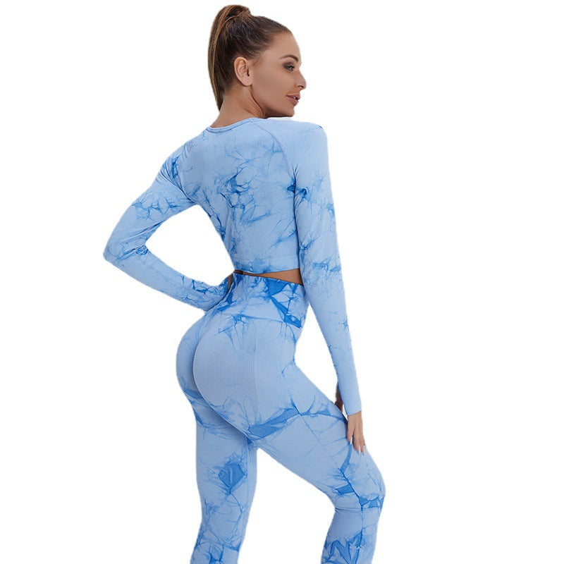 A new seamless yoga suit women's cross-border high-waisted hip-lifting yoga pants tie-dye long-sleeved top fitness sportswear set