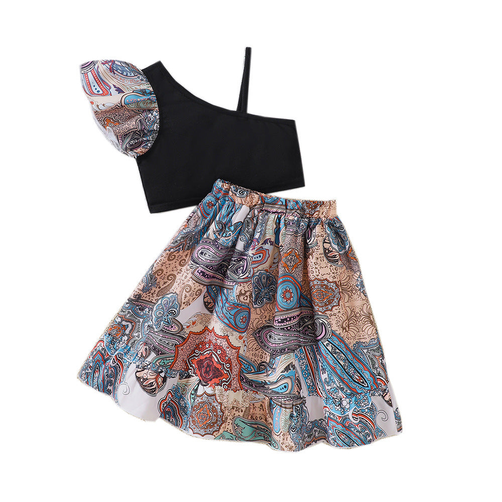 A medium and small children and girls spring and summer new ethnic style printing slanted shoulder sling set TZ1379-D