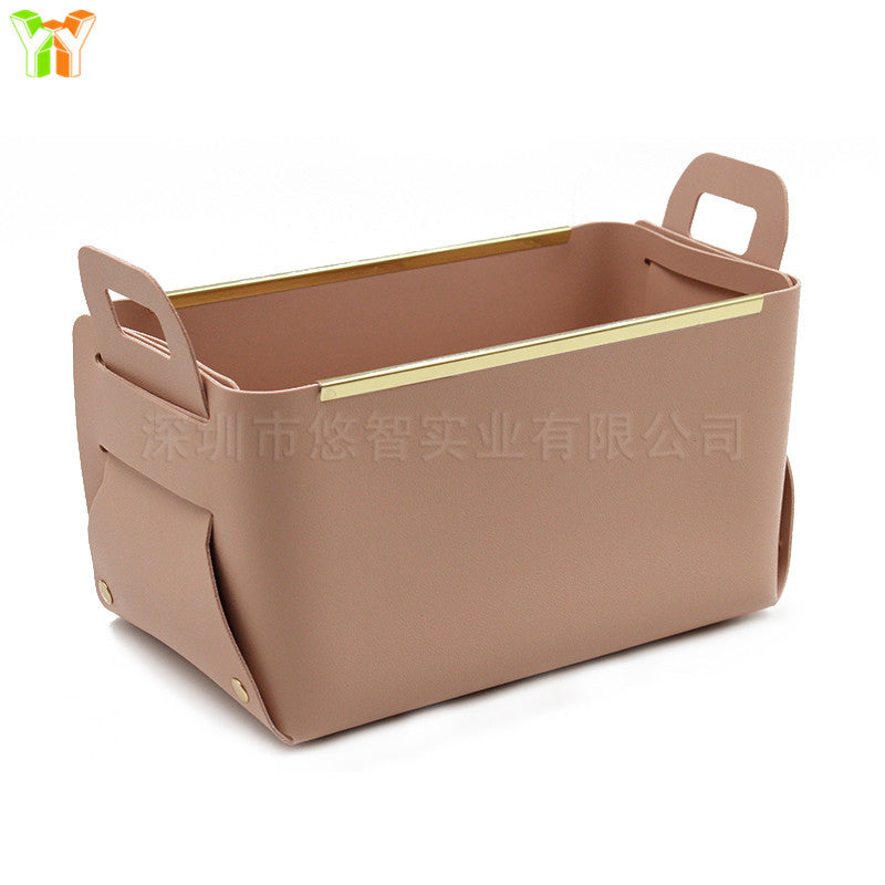 A leather sock storage basket