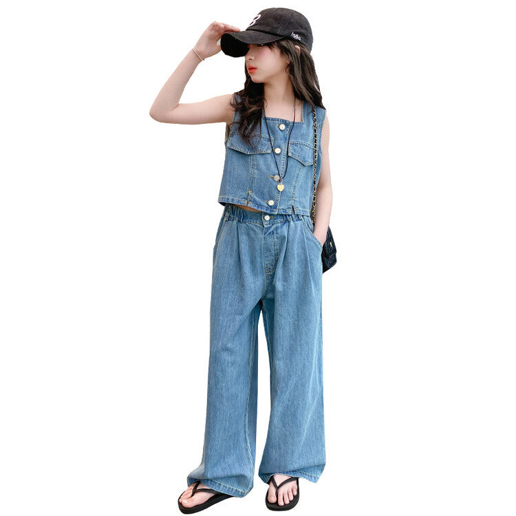 A girls denim suit new summer Korean version sleeveless short suspender high waist loose wide leg pants children's suit