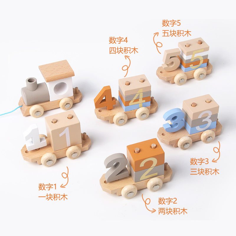 A young children wooden early education enlightenment digital color cognition collage building block drag small train educational toy