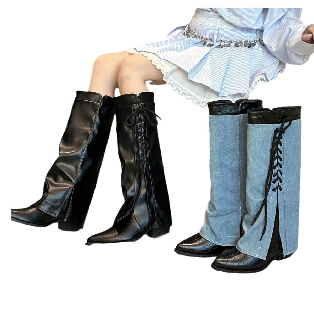 A new sweet wind women's fashion shoes stiletto heel women's bow lace-up cowboy boots design sense new