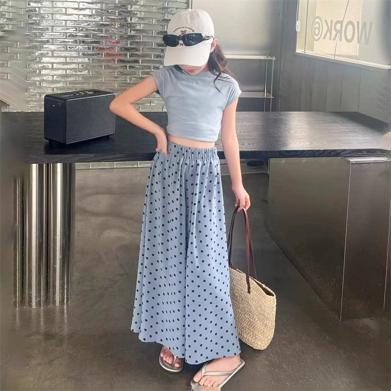 A girls T-shirt culottes set summer new Korean version top wide leg pants medium older girls polka dot culottes