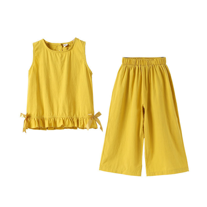 A {cotton%} girls summer cotton and linen set, new children's wide-leg pants two-piece set