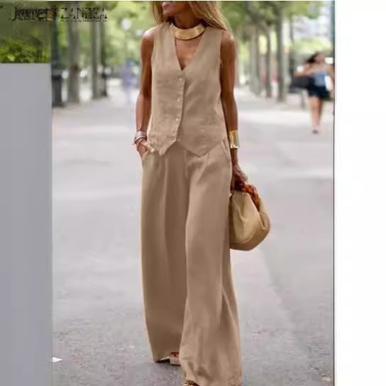 A new fashionable solid color suit vest trousers collage splicing casual two-piece set women