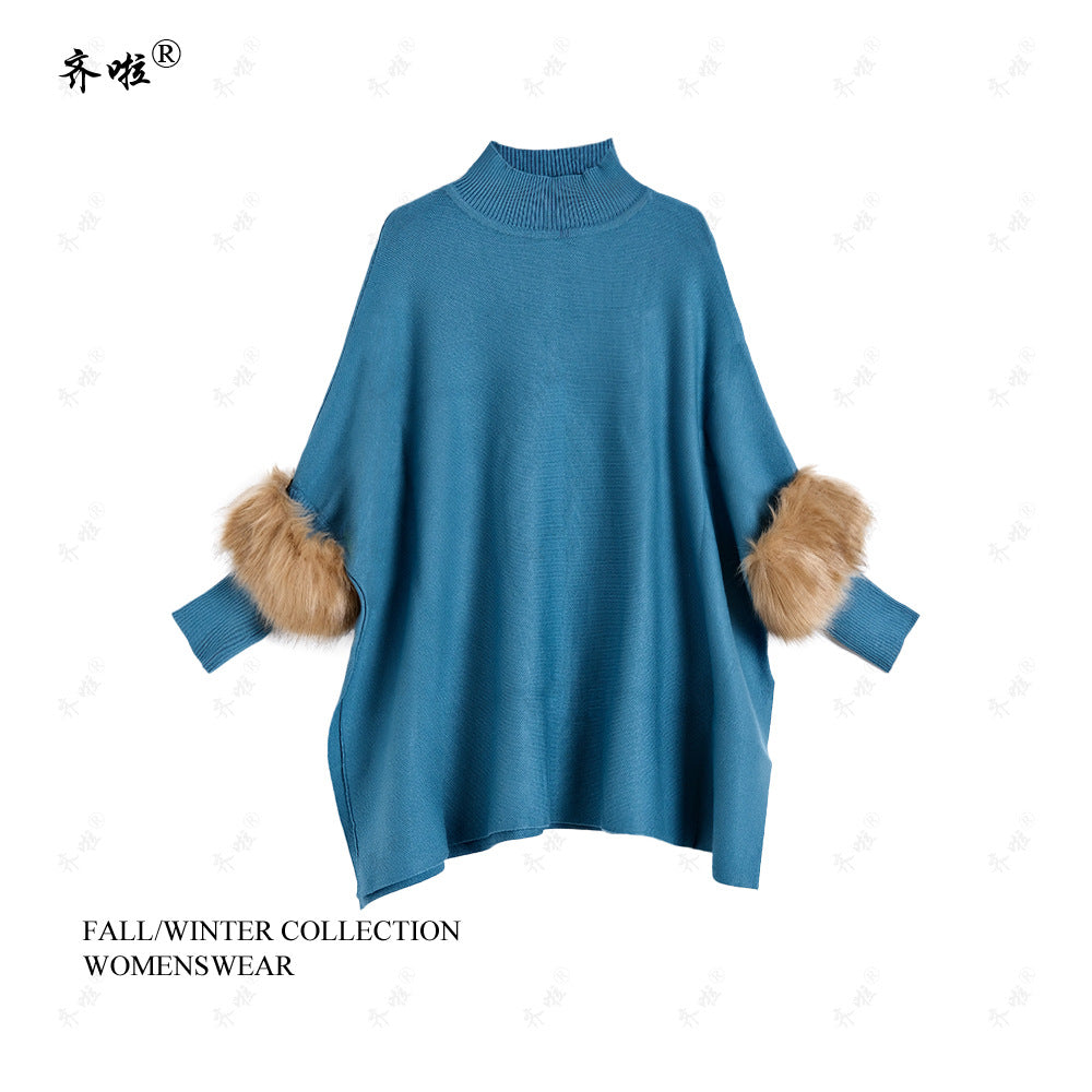 A turtleneck pullover cape knitted sweater simulation fur fur sleeve sweater large size bottoming shirt jacket women