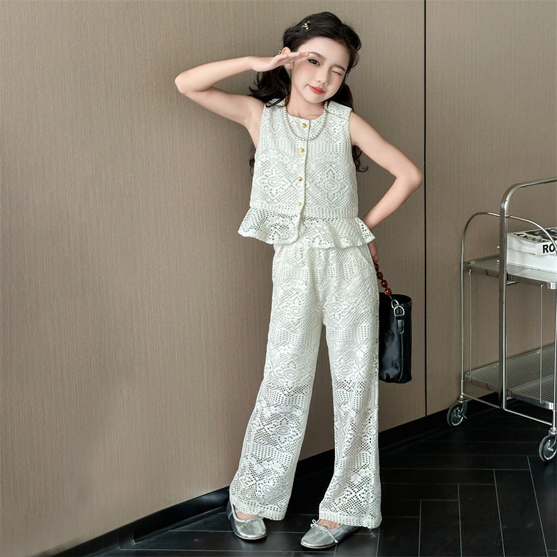 A girls summer lace crochet suit new middle-aged and older children's Korean version sleeveless top wide-leg straight pants trendy