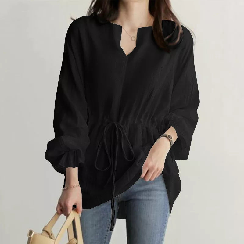 A Women's Long Sleeve V-Neck Shirt Drawstring Waist Top Solid Color Top - Mixbatch