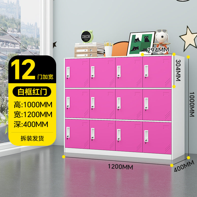 A colorful metal storage locker for school classrooms