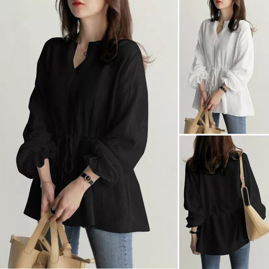A Women's Long Sleeve V-Neck Shirt Drawstring Waist Top Solid Color Top - Mixbatch