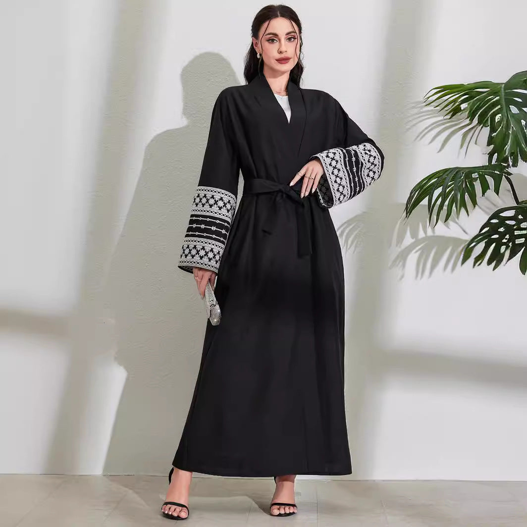 Middle Eastern Muslim Fashion Elegant Cardigan Embroidered Belt Dress Pocket Robe - Mixbatch