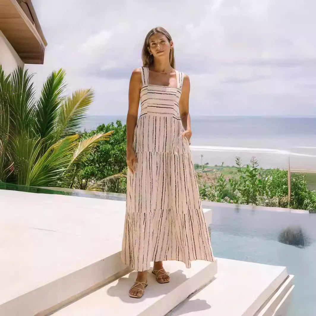 A fresh and sweet cross-border spring and summer style, striped printed one-word collar lace-up dress 88116