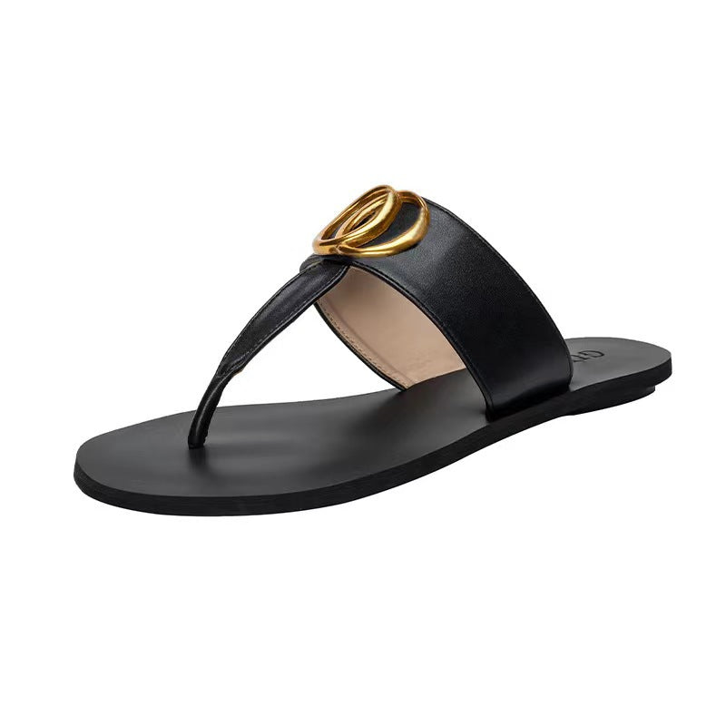 A new four-season flat leather flip-flops women's classic