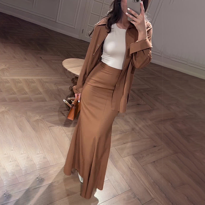 A Autumn Casual Fashion Comfortable Shirt High Waist Hip Wrap Slim Skirt Set