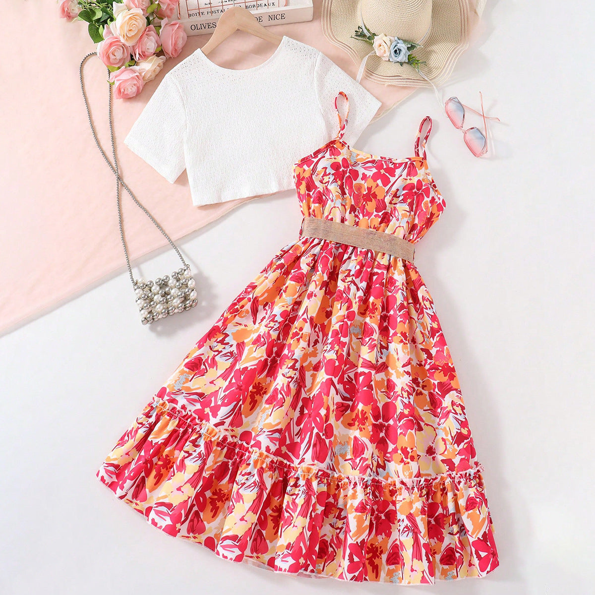 A floral full print lotus leaf edge suspender skirt short short sleeve top girls two-piece set